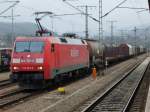 Die 152 051 mir einem Güterzug bei der Durchfahrt in Saalfeld am 31.1.09.
